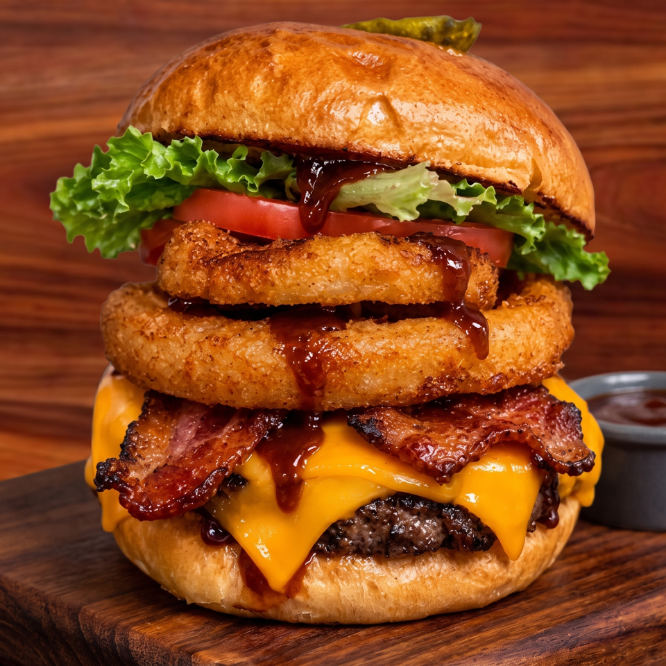 Towering bacon cheeseburger with crispy onion rings, lettuce, tomato, barbecue sauce, and dipping sauce on a wooden board