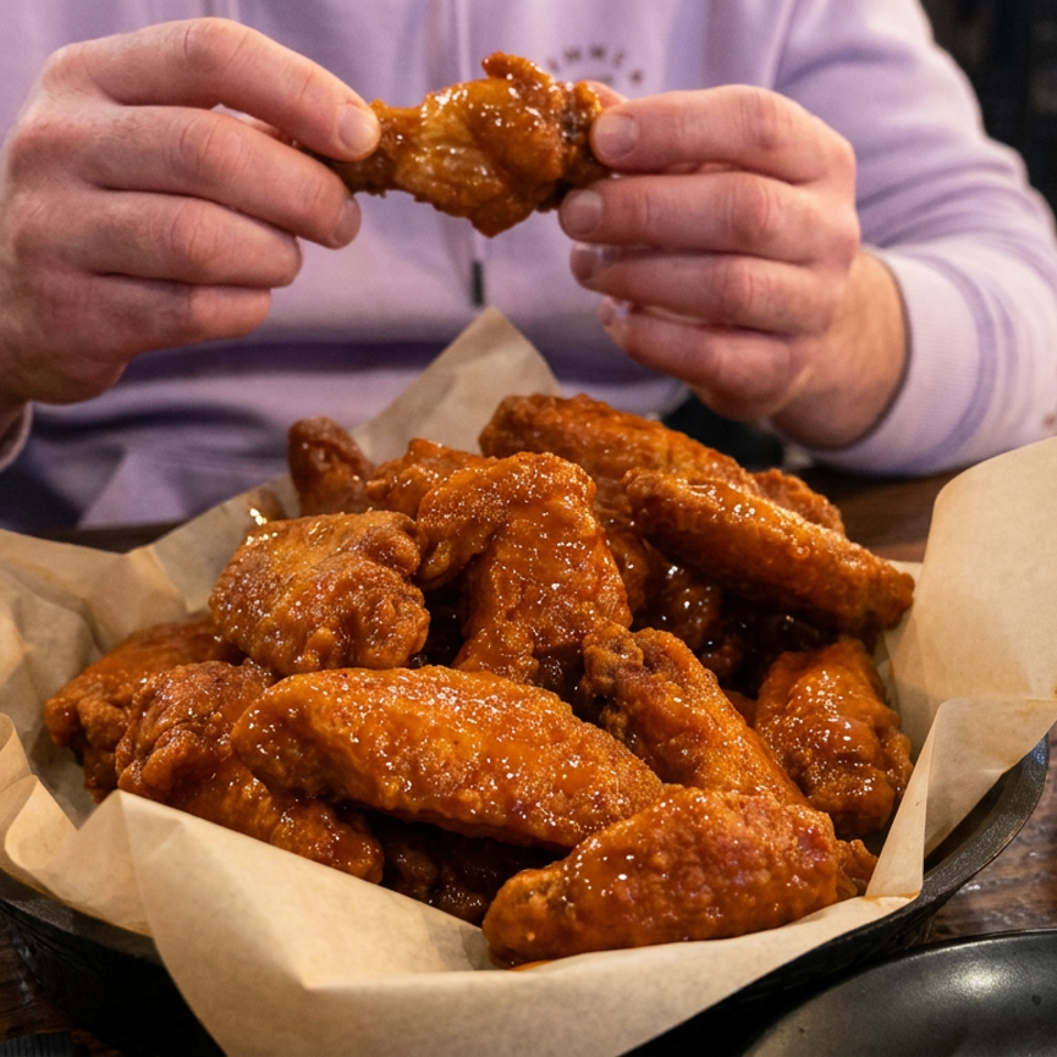 Person holding a saucy chicken wing over a basket of wings with a glass of cola on a wooden table.