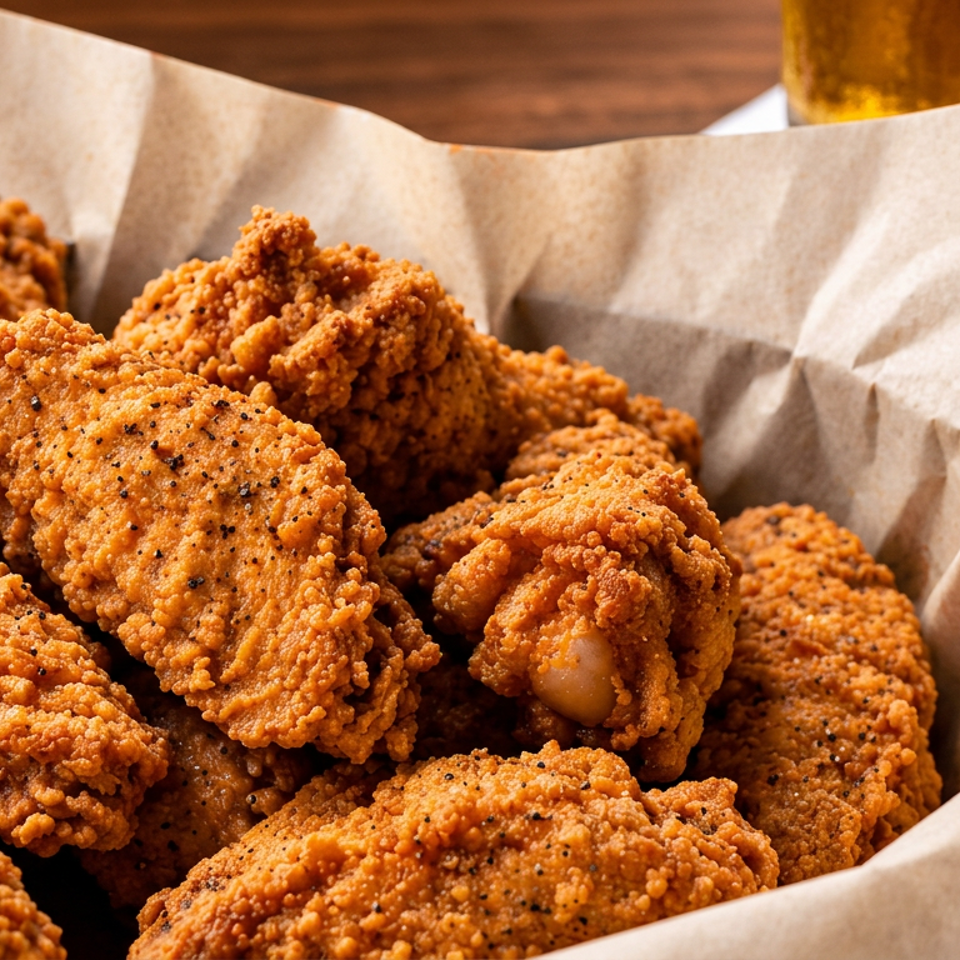 Basket of crispy seasoned fried chicken pieces lined with paper, accompanied by a glass of golden beer.