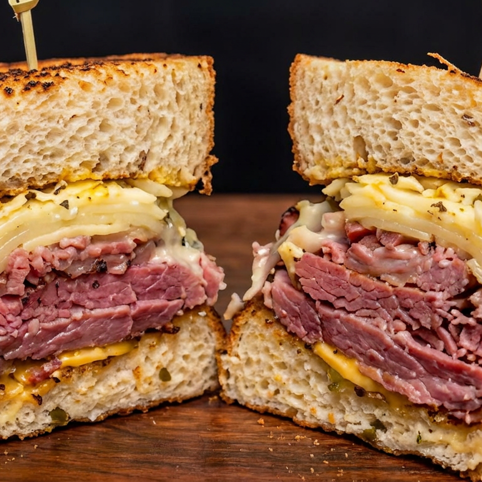 Two toasted corned beef sandwiches with melted cheese and sauerkraut, cut in half and pinned together on a wooden table.