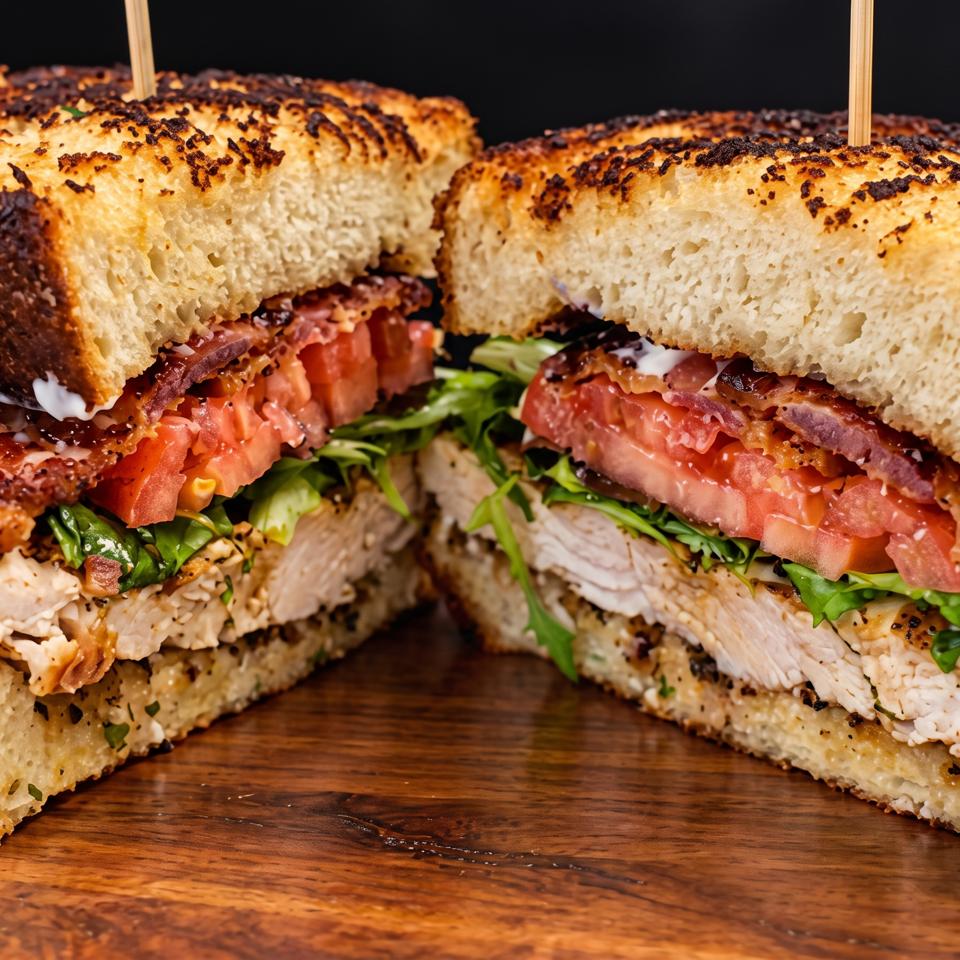 Two focaccia sandwiches with chicken, tomatoes, greens, onions, and sauce on a wooden table.