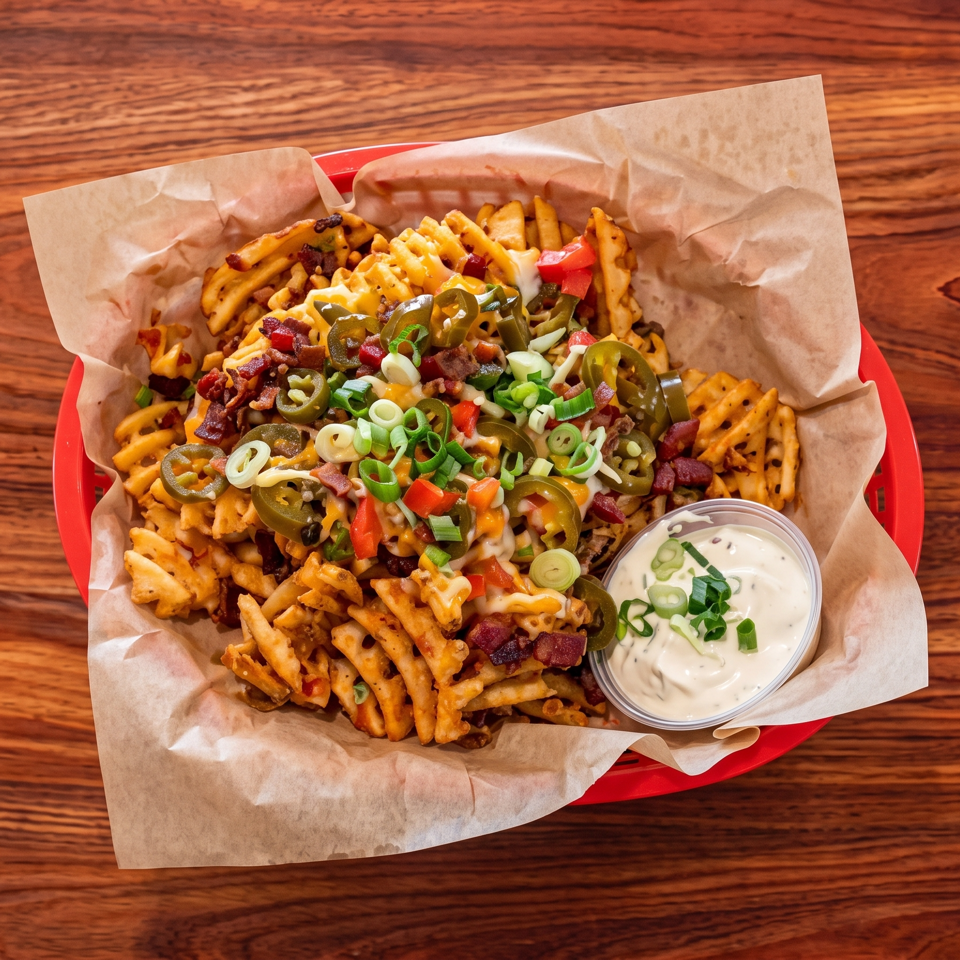 Loaded waffle fries topped with melted cheese, bacon, jalapeños, peppers, and green onions, served with ranch dipping sauce.