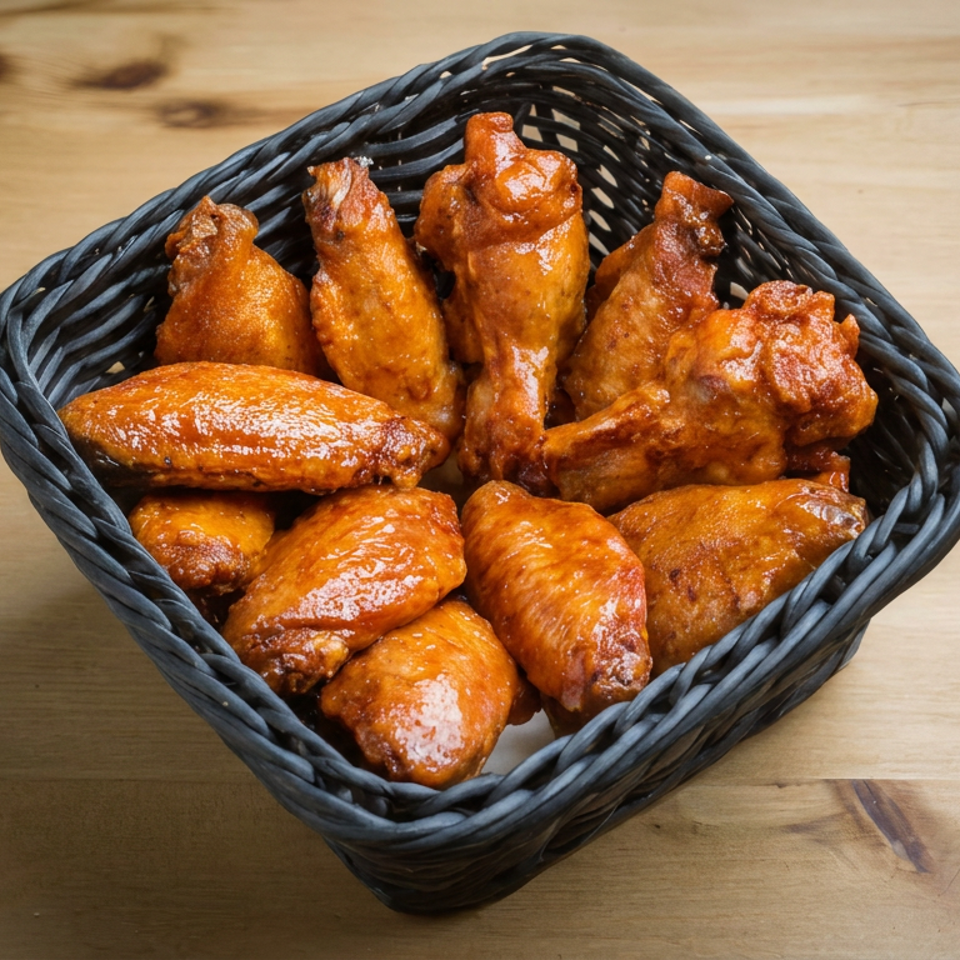 Basket of glossy, saucy chicken wings and drumettes on a rustic wooden table.